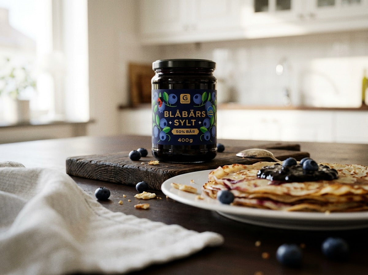 Garant Blåbärssylt 50% Bär 400g – Swedish Blueberry Jam, jar of authentic Swedish blueberry jam with 50% blueberries
