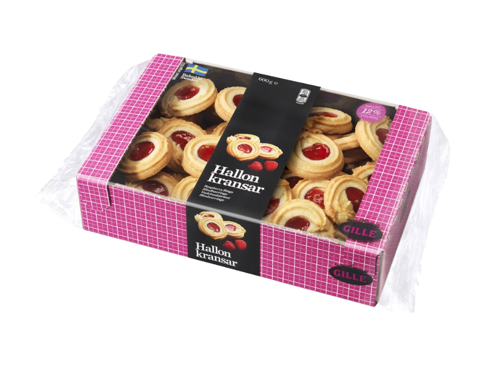 Gille Hallonkransar 600g – Swedish ring-shaped shortbread cookies with raspberry filling included in the Swedish Fika Box Large
