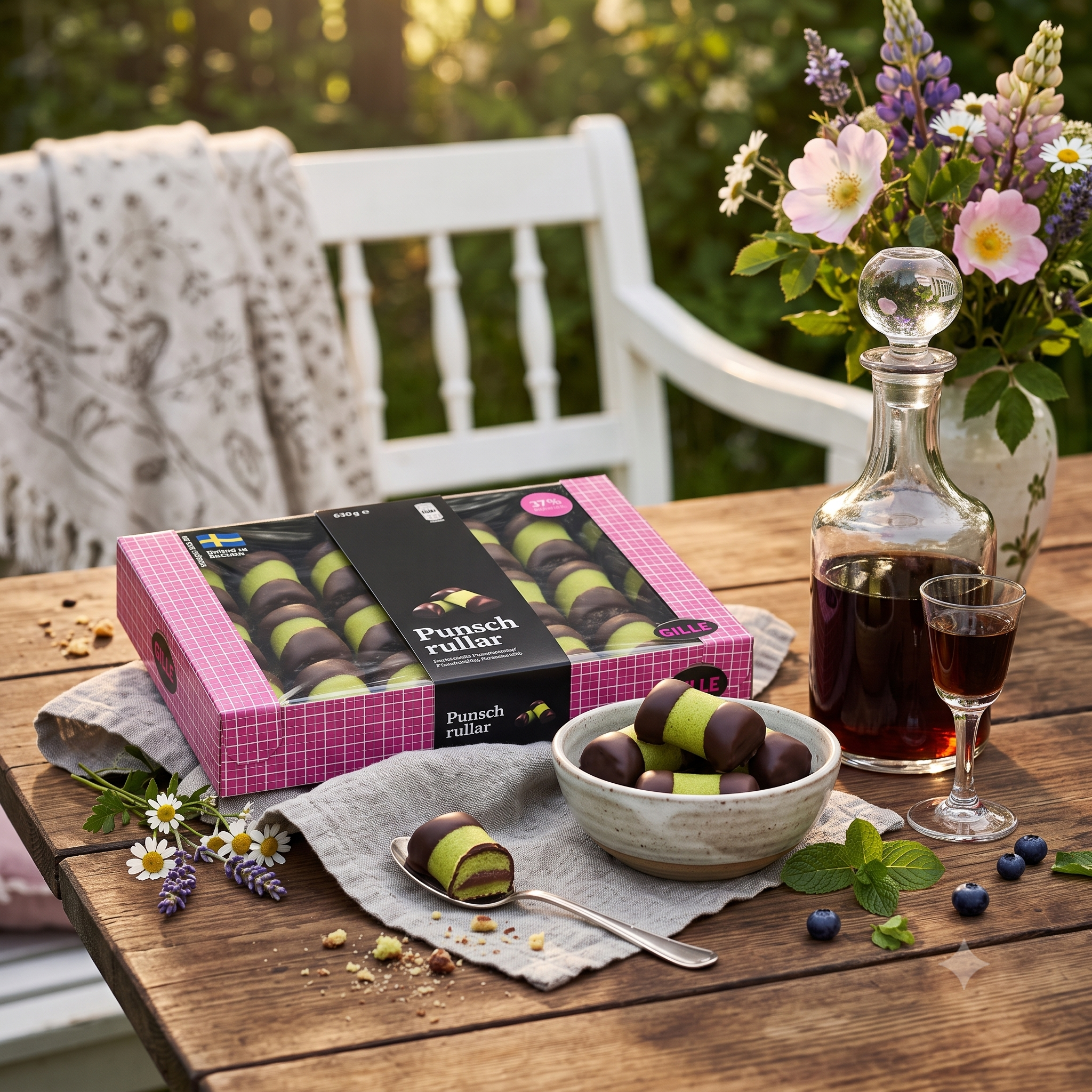 Gille Punschrullar box and punsch rolls in a bowl on a wooden garden table with wildflowers and a glass of punsch liqueur
