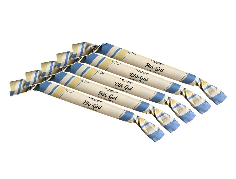 Grenna Polkagriskokeri Sockerstång Blå/Gul 5 x 50g – Handmade Swedish blue & yellow peppermint rock candy sticks from Gränna

