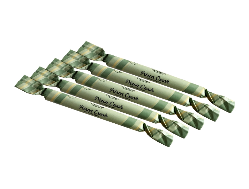 Grenna Polkagriskokeri Sockerstång Päron Crush 5 x 50g – Handmade Swedish pear, melon & gooseberry rock candy sticks from Gränna

