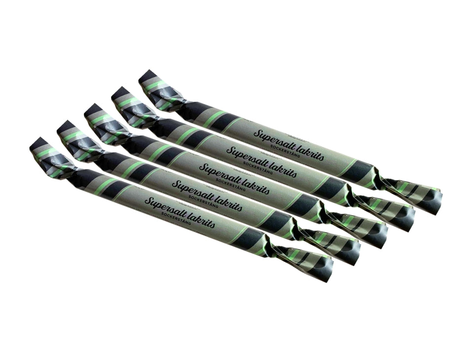 Grenna Polkagriskokeri Sockerstång Supersalt Lakrits 5 x 50g – Handmade Swedish super-salty licorice rock candy sticks from Gränna

