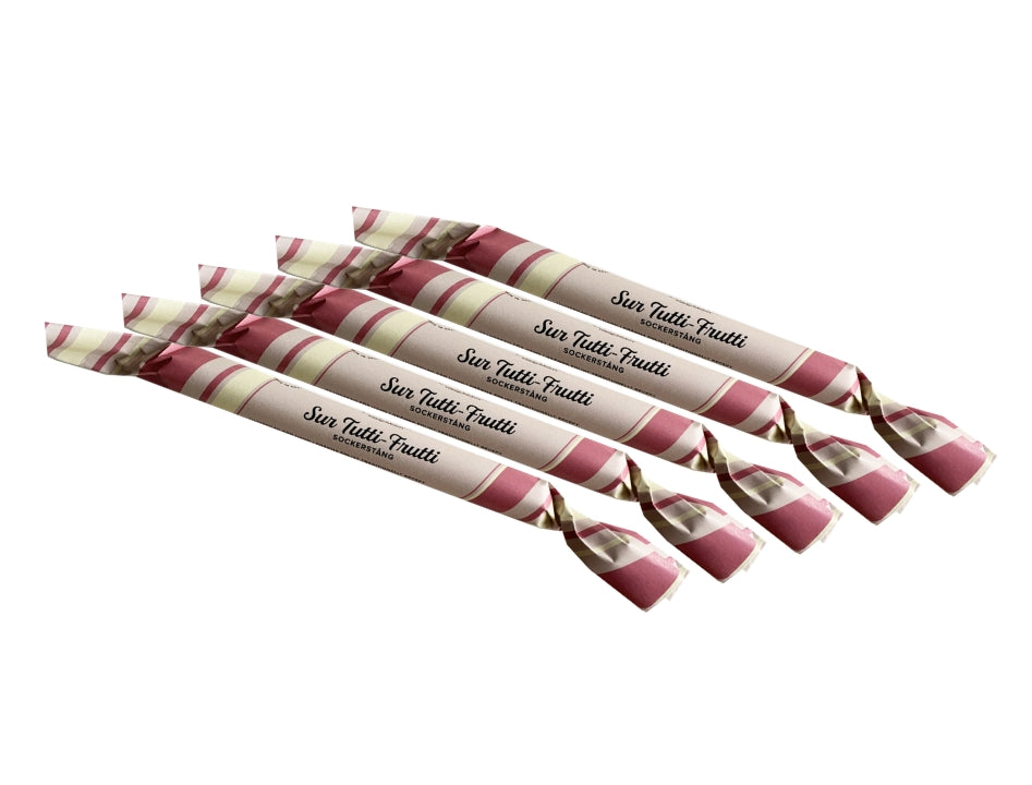 Grenna Polkagriskokeri Sockerstång Sur Tuttifrutti 5 x 50g – Handmade Swedish sour tutti frutti rock candy sticks from Gränna

