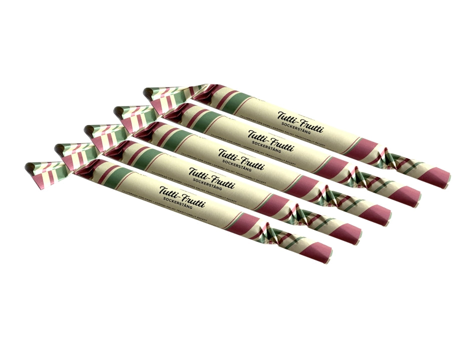 Grenna Polkagriskokeri Sockerstång Tuttifrutti 5 x 50g – Handmade Swedish tutti frutti rock candy sticks from Gränna


