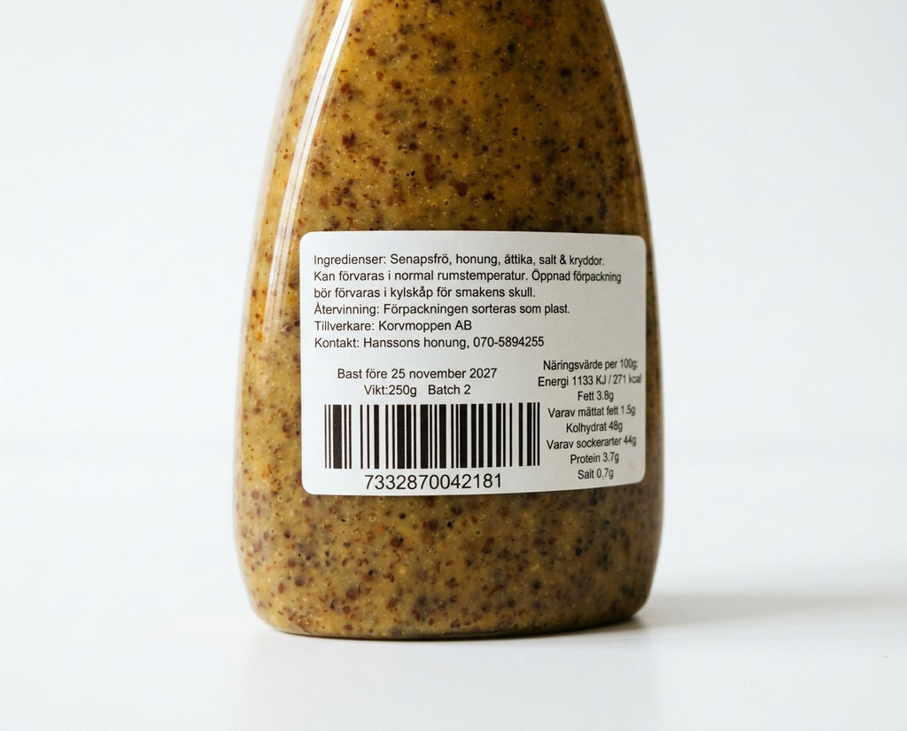 Hanssons Senap med Honung 250g 8.8 oz lightly spicy Swedish honey mustard with whole mustard seeds