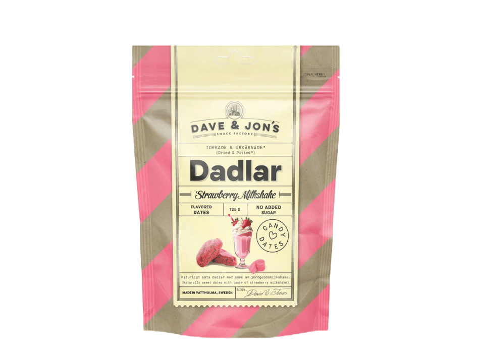 Dave & Jon's Dadlar Strawberry Milkshake 125g (4.40 oz) – Natural Swedish Date Snack – Vegan & No Added Sugar