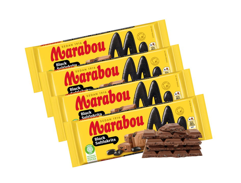 4 Bars of Marabou Black Saltlakrits 90g (3.53 oz) – Swedish Milk Chocolate with Salty Licorice