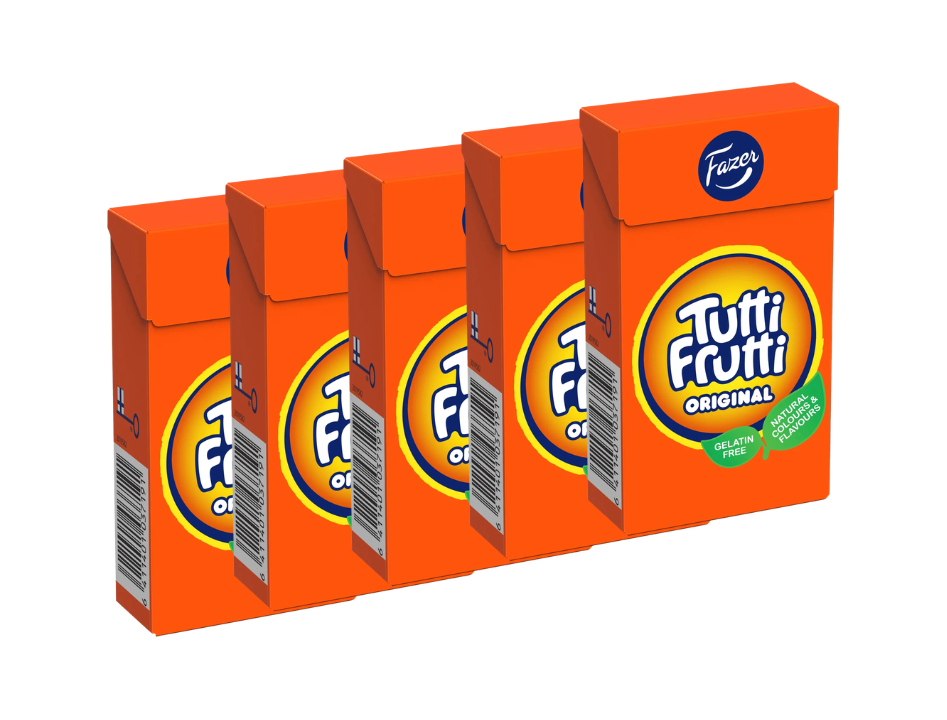 5 × Fazer Tutti Frutti Original Vegan Fruit Candy Boxes 38g (1.34 oz) – Authentic Finnish Fruity Chewy Candy