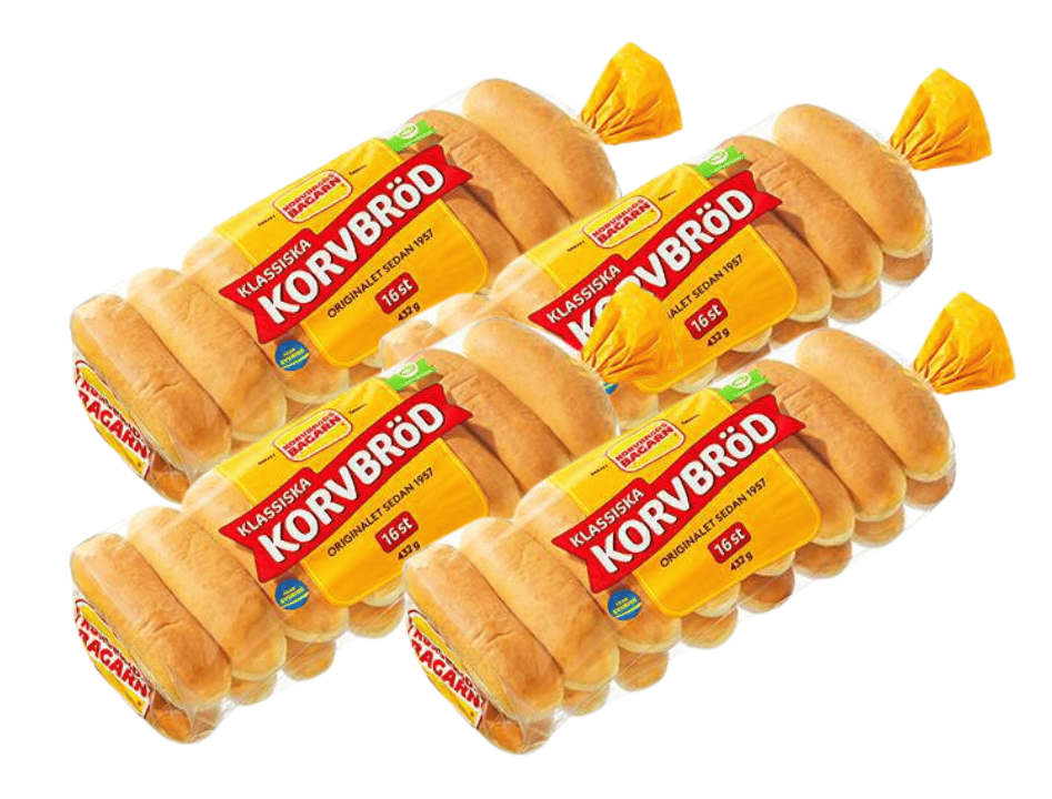 4 x Korvbröds Bagarn Klassiska Korvbröd 16 Hot Dog Buns 432g (15.23 oz) – Authentic Swedish Hot Dog Buns