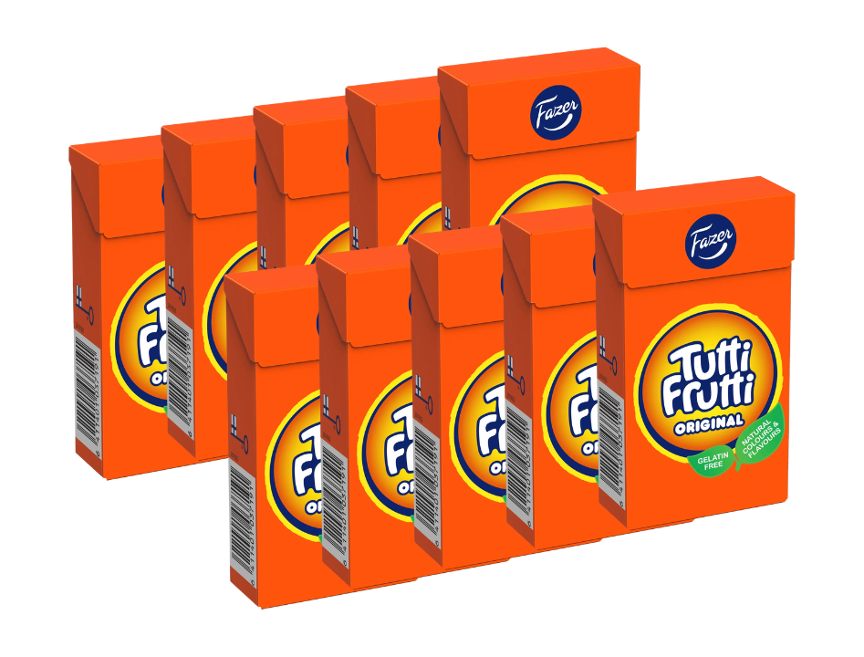 10 × Fazer Tutti Frutti Original Vegan Fruit Candy Boxes 38g (1.34 oz) – Authentic Finnish Fruity Chewy Candy