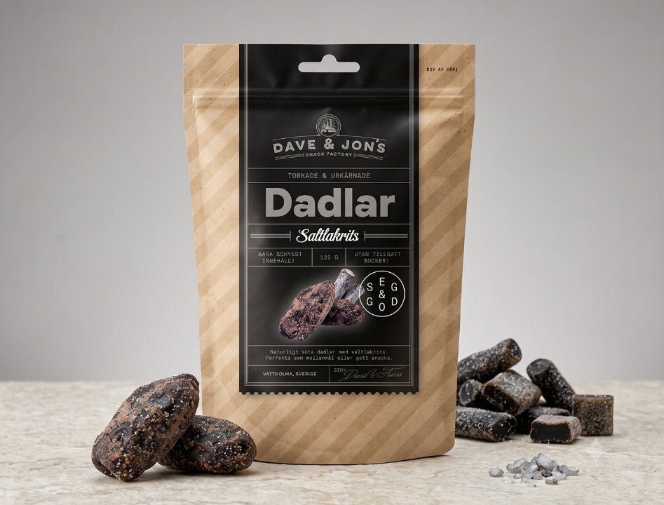 4 x Dave & Jon's Dadlar Saltlakrits 125g (4.40 oz) – Swedish Salted Licorice Dates