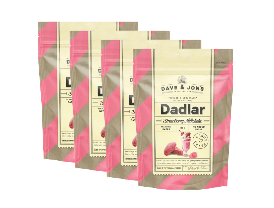 4 x Dave & Jon's Dadlar Strawberry Milkshake 125g (4.40 oz) – Natural Swedish Date Snack – Vegan & No Added Sugar
