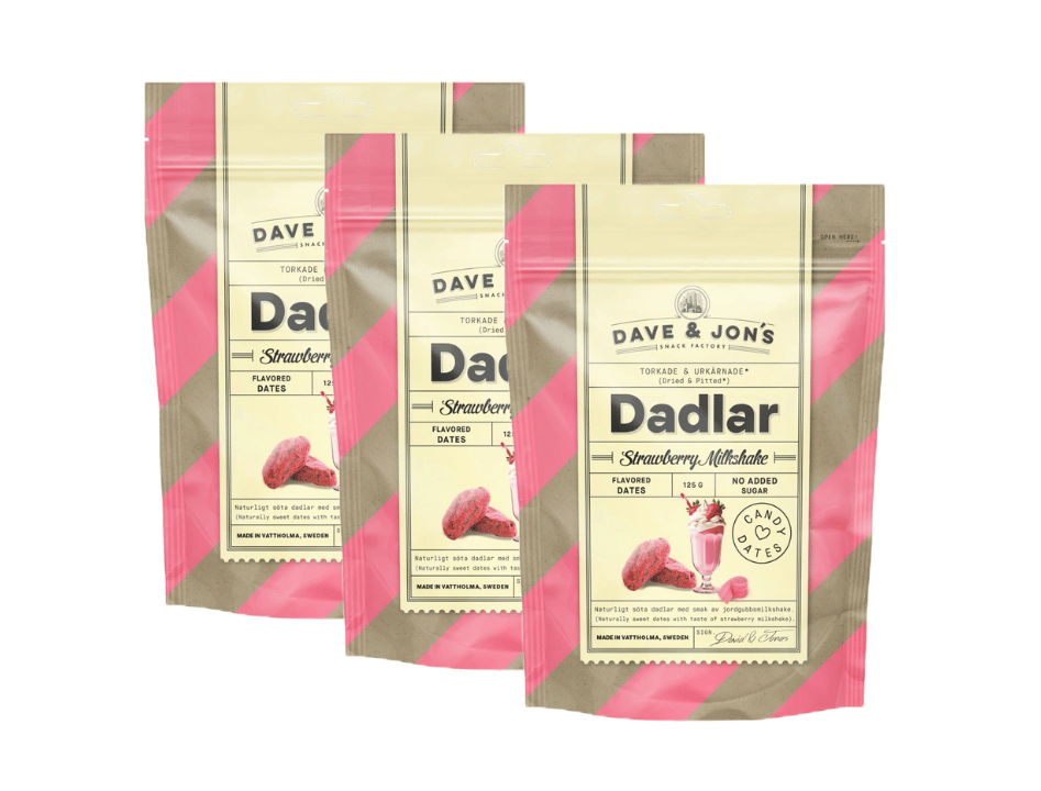 3 x Dave & Jon's Dadlar Strawberry Milkshake 125g (4.40 oz) – Natural Swedish Date Snack – Vegan & No Added Sugar