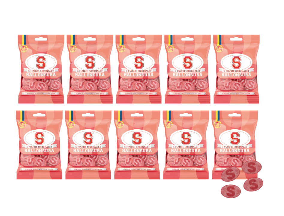 S-Märke Hallonsura Sour Raspberry Candy 10 × 80g (10 × 2.82 oz) – Authentic Swedish Sour Raspberry Gummies