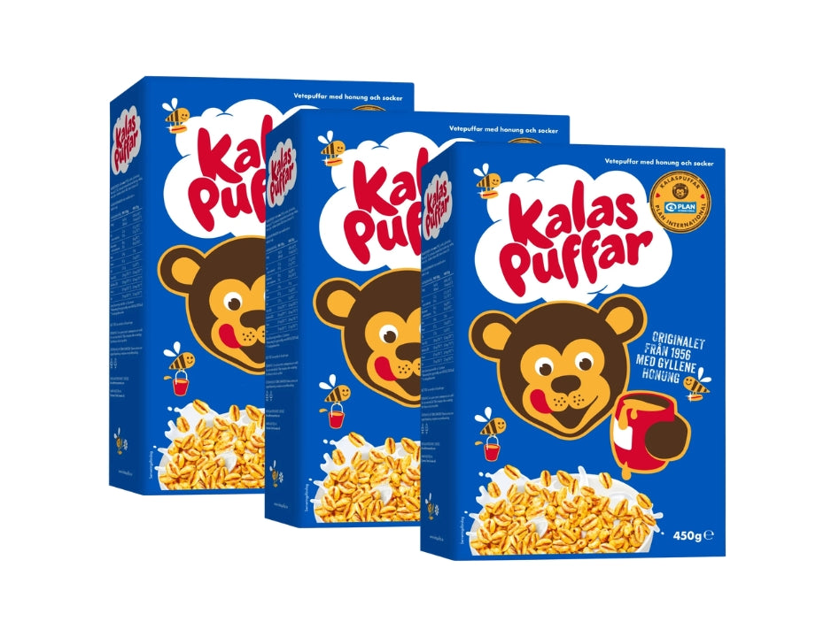 3 x Kalaspuffar Honey Roasted Wheat Cereal 450g (15.87 oz) – Authentic Swedish Breakfast Classic Since 1956