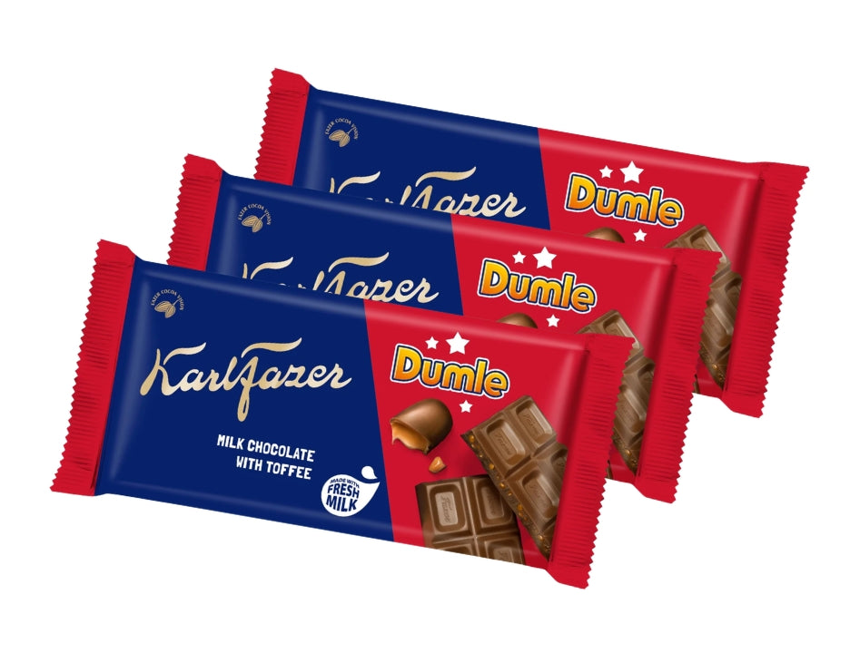 3 x Karl Fazer Dumle Original Chocolate Bar 145g (5.11 oz) – Finnish Milk Chocolate with Soft Dumle Toffee Pieces