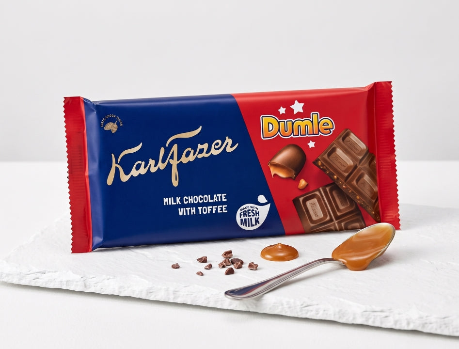 4 x Karl Fazer Dumle Original Chocolate Bar 145g (5.11 oz) – Finnish Milk Chocolate with Soft Dumle Toffee Pieces