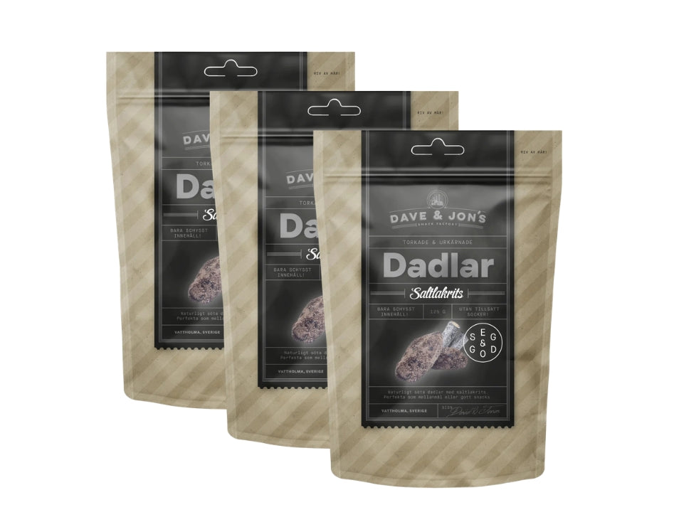 3 x Dave & Jon's Dadlar Saltlakrits 125g (4.40 oz) – Swedish Salted Licorice Dates