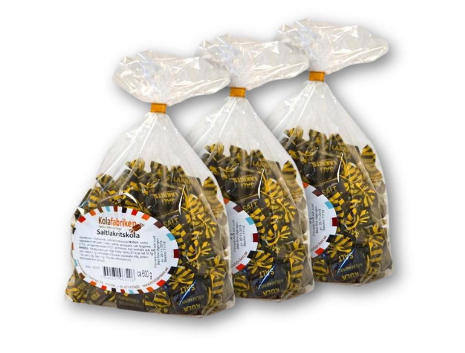 3 Bags of Kolafabriken Saltlakritskola 600g (21.16oz) - Swedish Salt Licorice Toffee