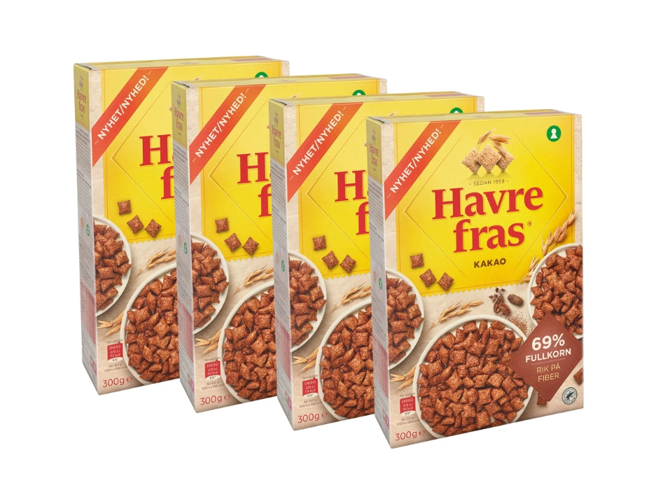 4 x Havrefras Cocoa Oat Pillows Cereal 300g (10.58 oz) – Authentic Scandinavian Whole Grain Breakfast Cereal