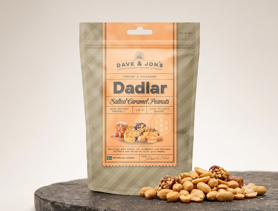 Dave & Jon's Dadlar Salted Caramel Peanuts 125g (4.40 oz) – Natural Swedish Date Snack with Peanuts