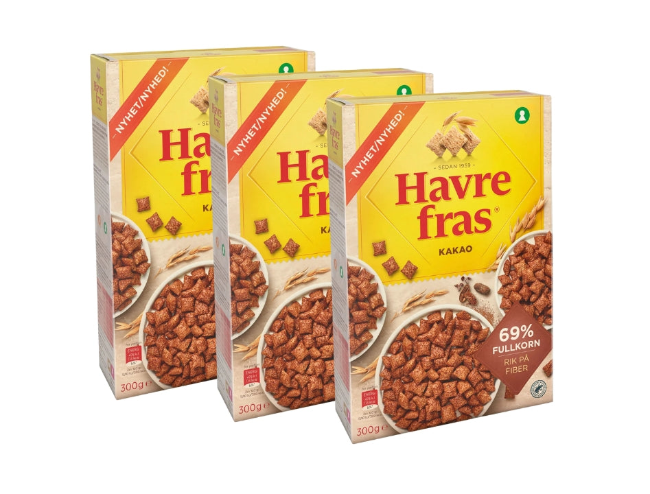 3 x Havrefras Cocoa Oat Pillows Cereal 300g (10.58 oz) – Authentic Scandinavian Whole Grain Breakfast Cereal