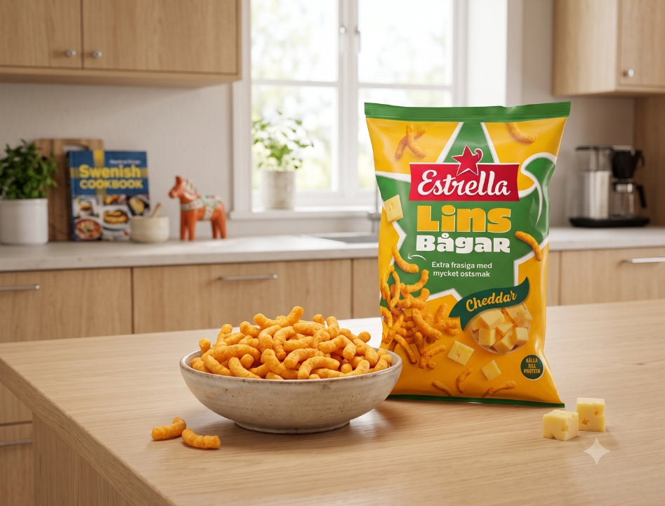 2 x Estrella Linsbågar Cheddar 150g (5.29 oz) – Swedish Cheddar Lentil Puffs