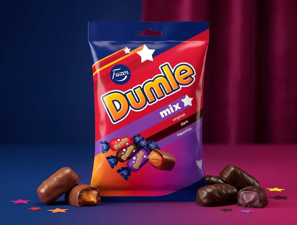 Fazer Dumle Mix Original, Dark &amp; Licorice 200g (7.05 oz) – Finnish Chocolate Covered Caramel Candy Assortment