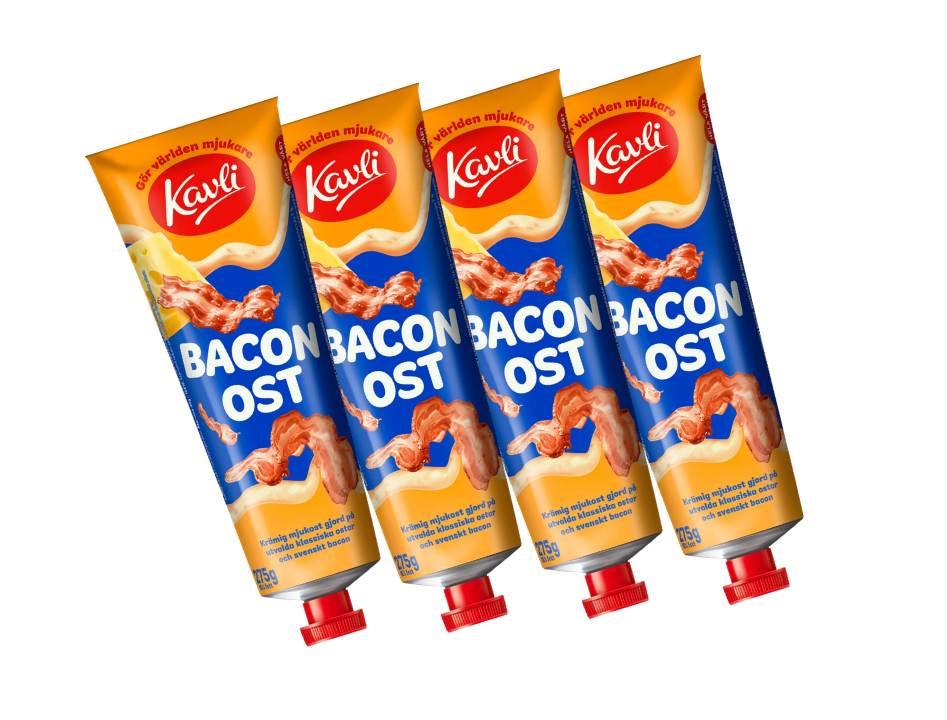 4 Tubes of Kavli BaconOst, Bacon Cheese Spread, 275g (9.7 oz.), Swedish Soft Cheese Spread, Cream Cheese In Tube, Mjukost, Ost, Swedish Food