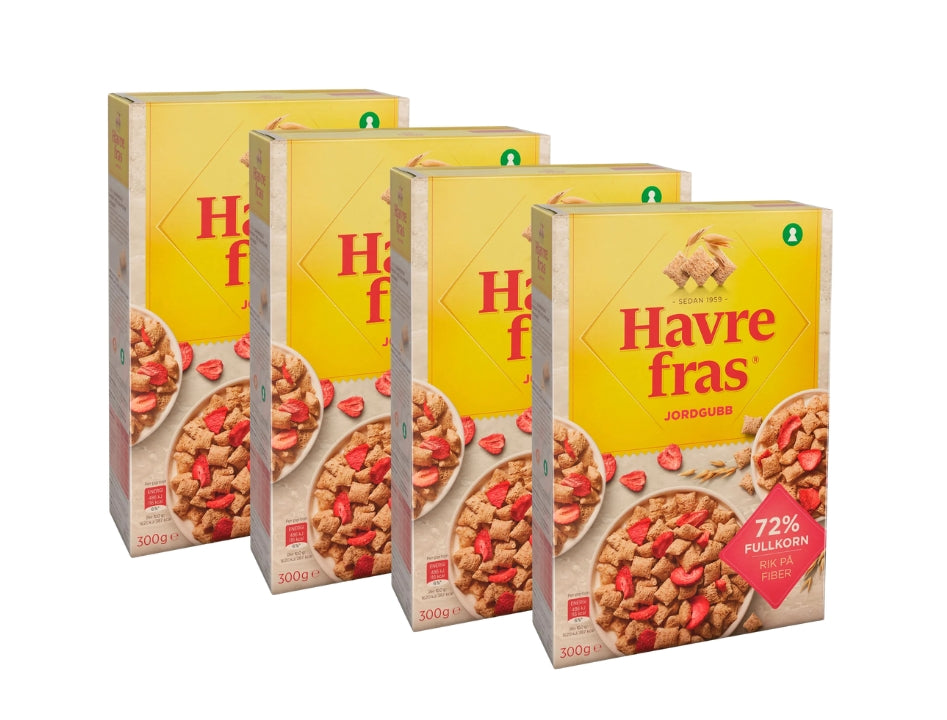 4 x Havrefras Strawberry Oat Pillows Cereal 300g (10.58 oz) – Authentic Scandinavian Whole Grain Breakfast Cereal
