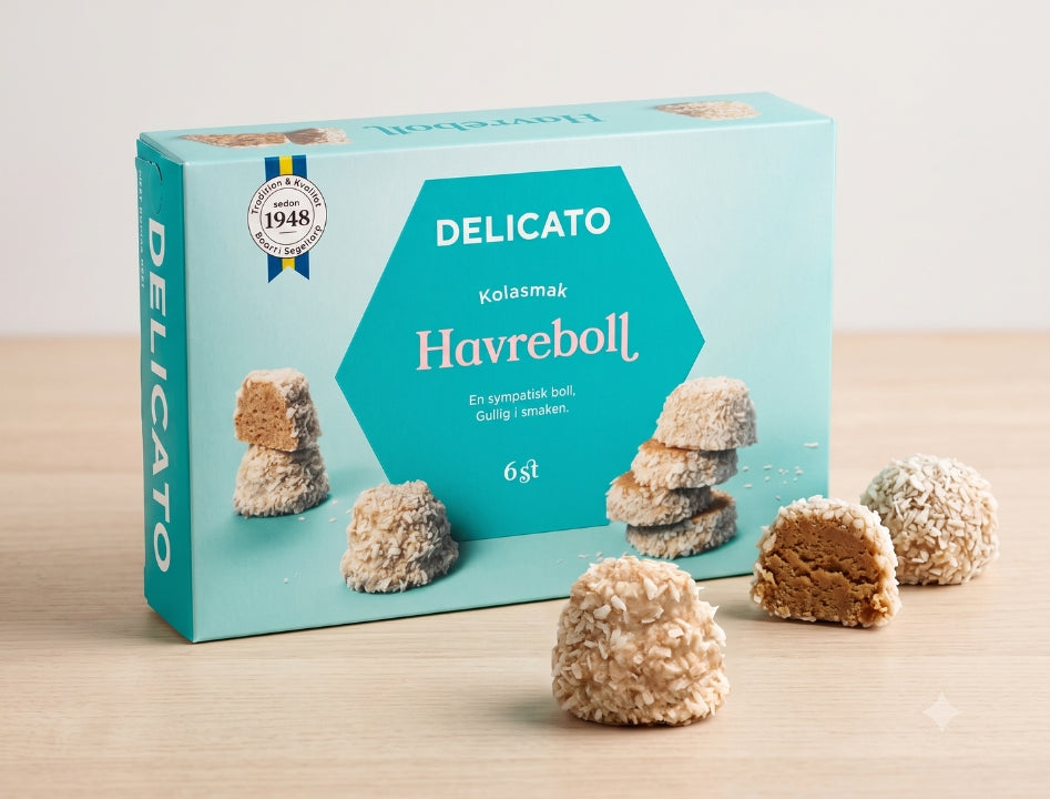 2 x Delicato Havrebollar 6-Pack 240g (8.47 oz) – Authentic Swedish Chocolate Oat Balls Rolled in Coconut
