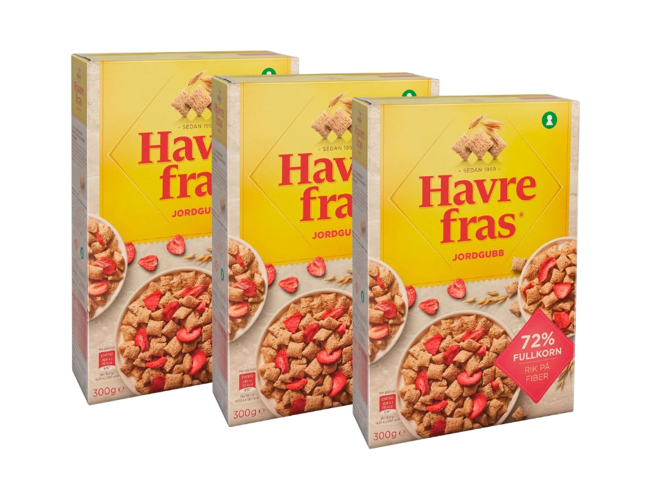 3 x Havrefras Strawberry Oat Pillows Cereal 300g (10.58 oz) – Authentic Scandinavian Whole Grain Breakfast Cereal