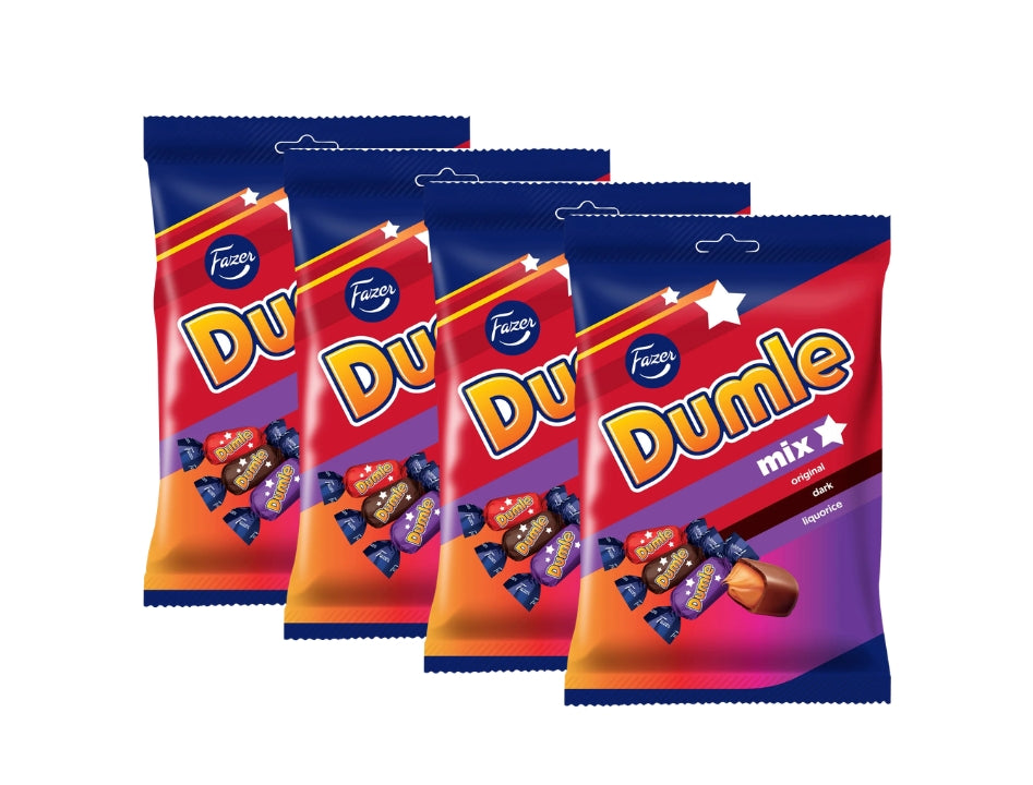 4 x Fazer Dumle Mix Original, Dark &amp; Licorice 200g (7.05 oz) – Finnish Chocolate Covered Caramel Candy Assortment