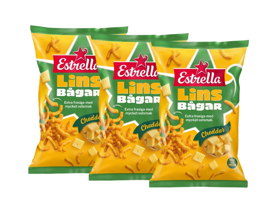 3 x Estrella Linsbågar Cheddar 150g (5.29 oz) – Swedish Cheddar Lentil Puffs