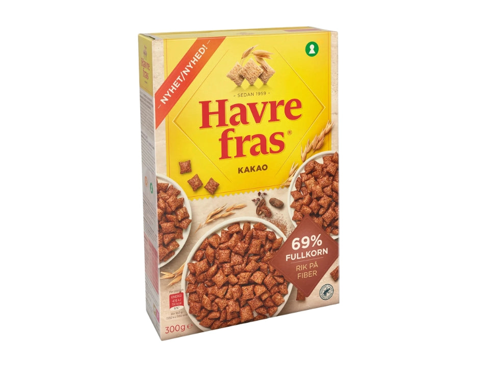 2 x Havrefras Cocoa Oat Pillows Cereal 300g (10.58 oz) – Authentic Scandinavian Whole Grain Breakfast Cereal