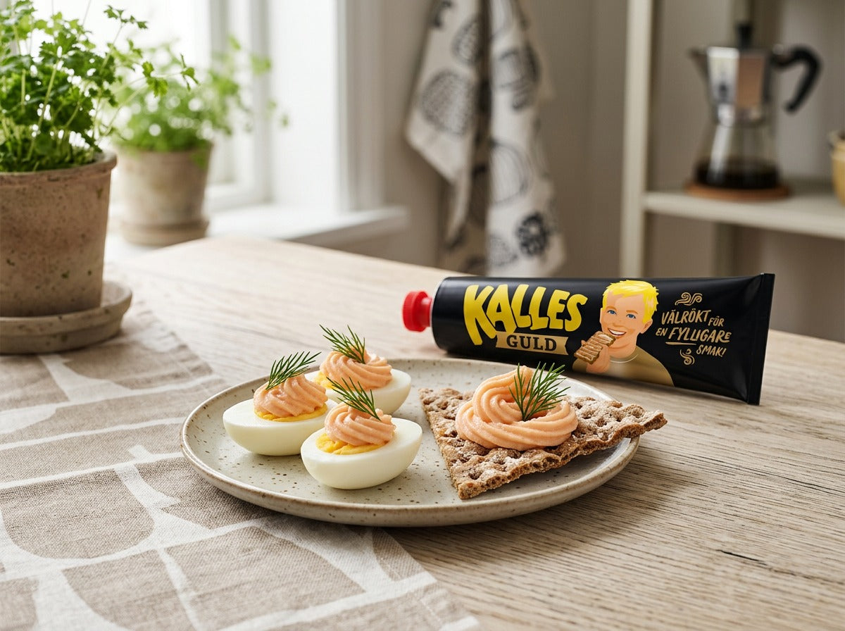 Kalles Kaviar Guld 250g tube served with boiled eggs and Swedish crispbread topped with cod roe spread, garnished with dill
