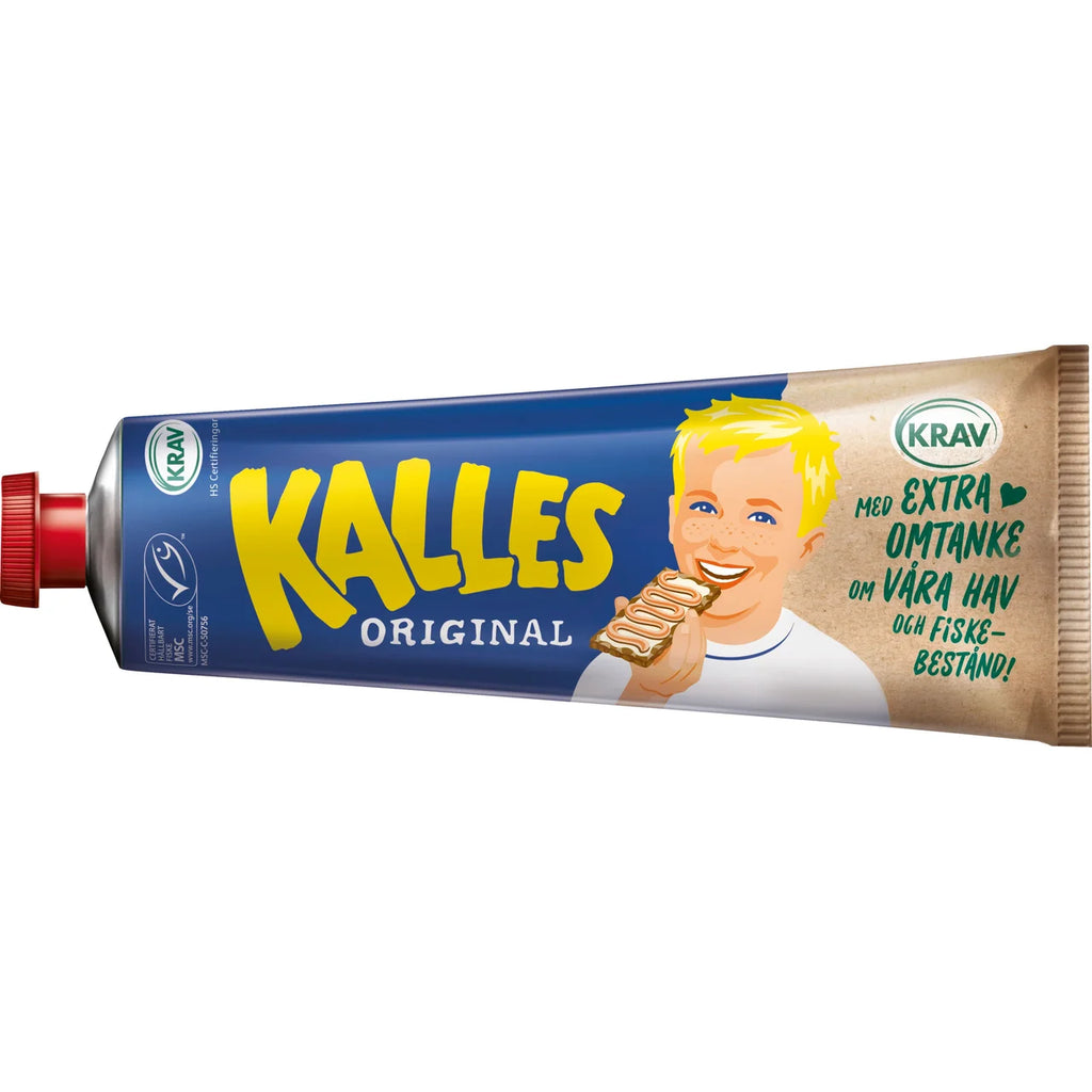 Kalles Kaviar KRAV 250g – Swedish organic smoked cod roe spread in blue tube, KRAV and MSC certified, included in the Kalles Kaviar Taste Box Medium
