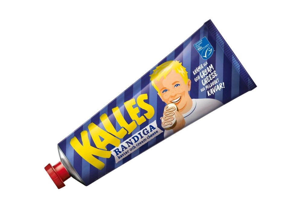 Kalles Randiga 285g – Swedish kaviar and cream cheese spread in striped blue tube, MSC certified, milder than Original, included in the Kalles Kaviar Taste Box Small
