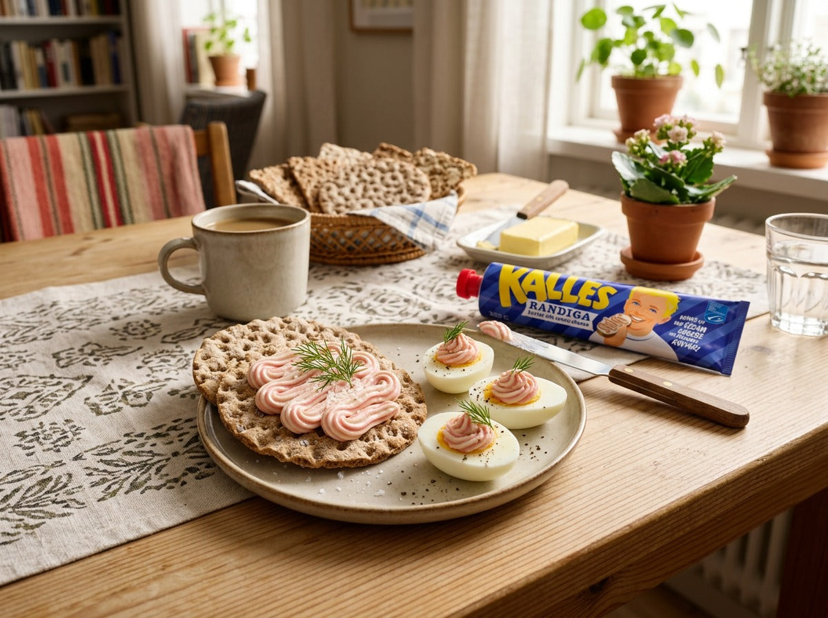 Kalles Randiga 285g tube on a Swedish breakfast table with striped kaviar and cream cheese spread on crispbread and boiled eggs, garnished with dill
