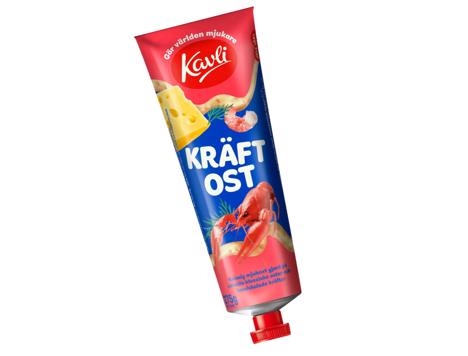 Kavli Kräftost 275g – Swedish Crayfish Cheese Spread in a Tube, creamy cheese blended with real crayfish, authentic Swedish kräftskiva flavour
