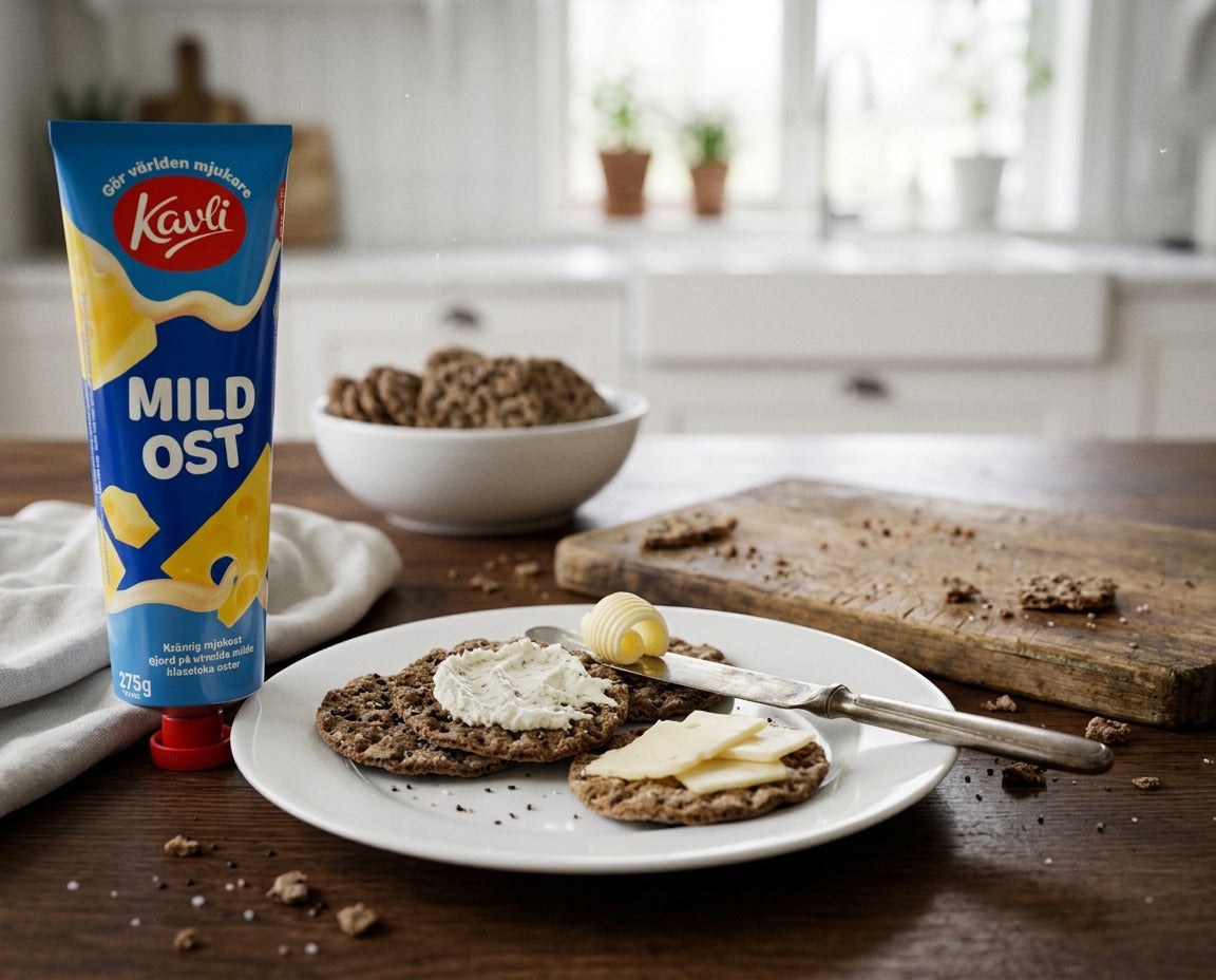 Kavli Mildost tube next to Swedish crispbread spread with mild cheese on a wooden kitchen table
