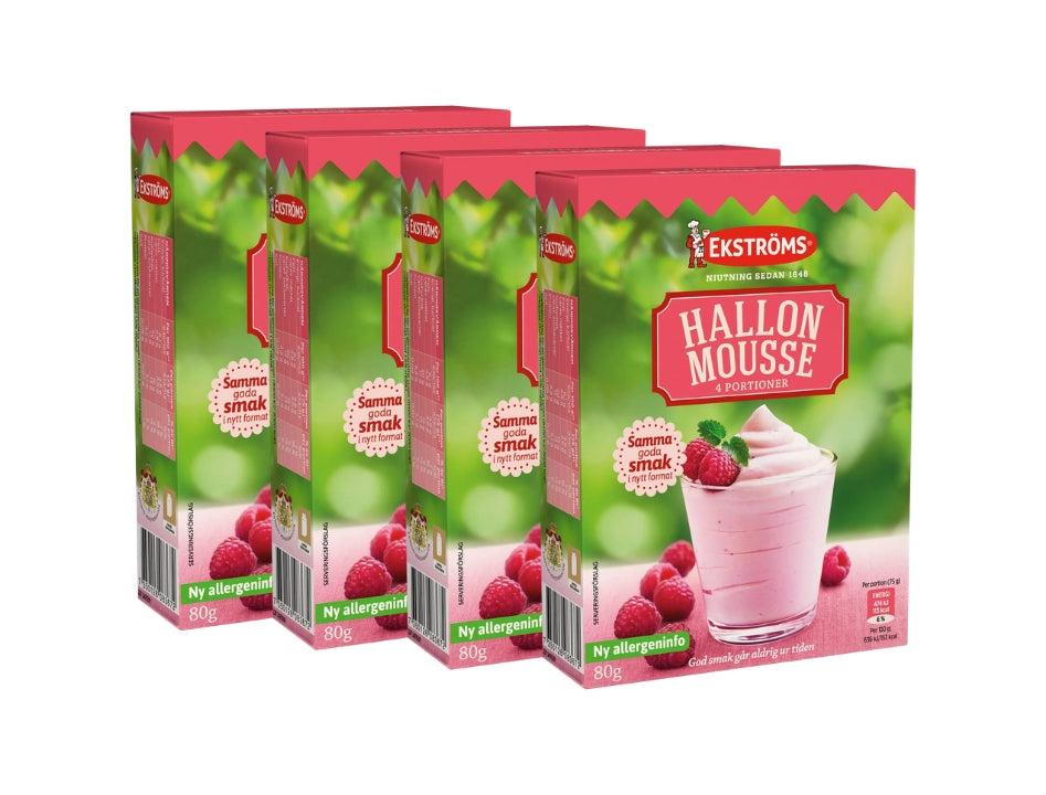 Ekströms Hallonmousse 4 Portioner 4 × 80g (4 × 2.82 oz) – Authentic Swedish Raspberry Mousse Mix