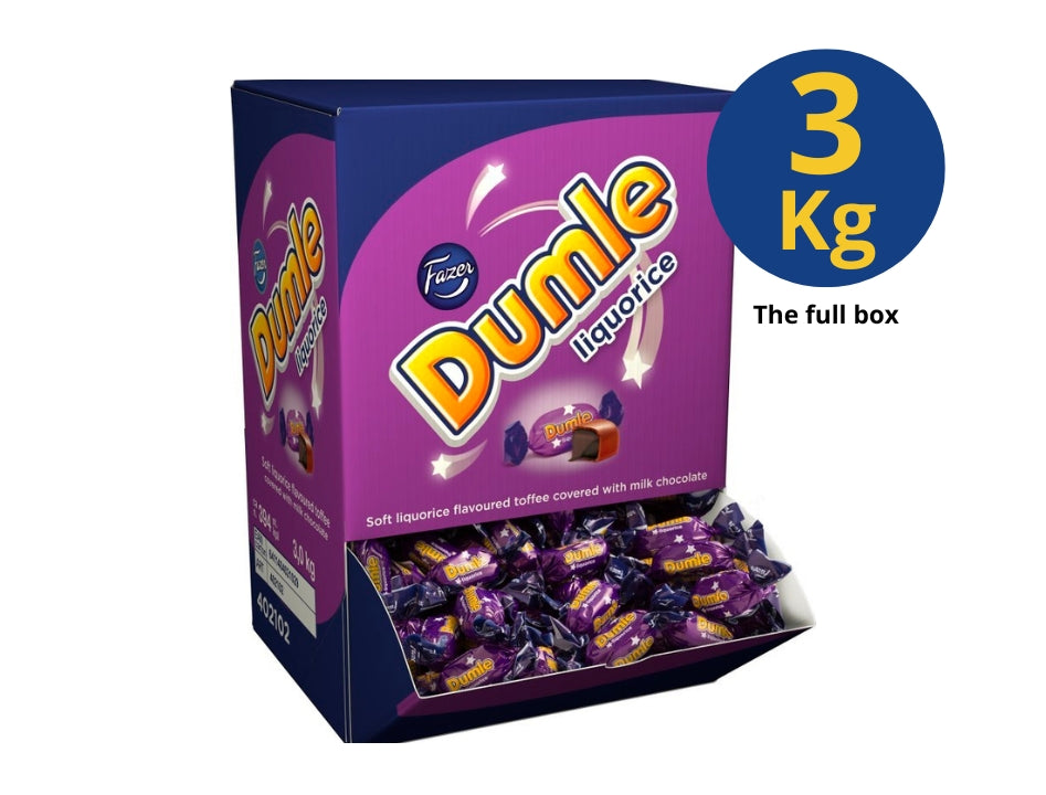 Fazer Dumle Liquorice 3kg (105.82 oz) – Includes Original Commercial Box – Finnish Milk Chocolate & Soft Caramel with Liquorice Flavor