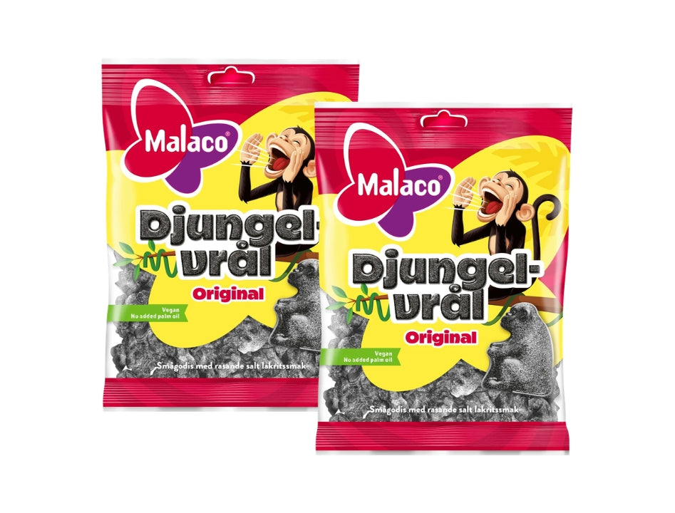 2 × Malaco Djungelvrål 90g (3.17 oz) – Original Swedish Extra Salty Salmiak Licorice Candy