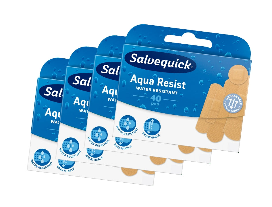 4 × Salvequick Aqua Resist Waterproof Plasters 40 pcs – Flexible Water-Resistant Adhesive Bandages