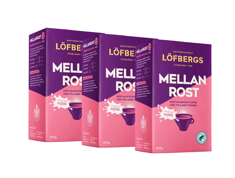 Löfbergs Mellanrost Perfekt med Mjölk Ground Coffee 3 × 450g (3 × 15.87 oz) – Authentic Swedish Medium Roast 100% Arabica Coffee