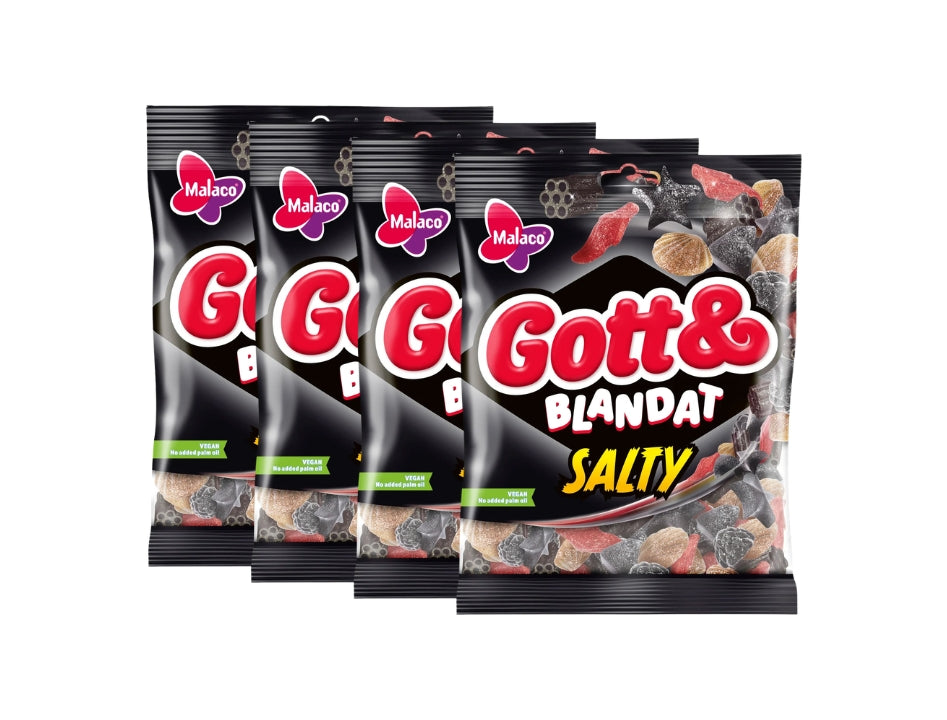 Malaco Gott & Blandat Salt 4 × 210g (4 × 7.41 oz) – Authentic Swedish Salty Licorice & Wine Gum Candy Mix