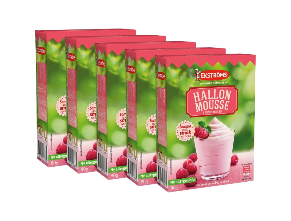 Ekströms Hallonmousse 4 Portioner 5 × 80g (5 × 2.82 oz) – Authentic Swedish Raspberry Mousse Mix