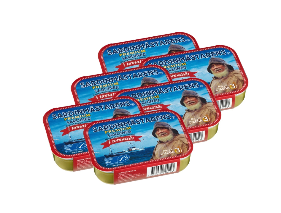 Sardinmästarens Sardiner i Tomatsås 6 × 100g (6 × 3.53 oz) – Authentic Swedish Sardines in Tomato Sauce