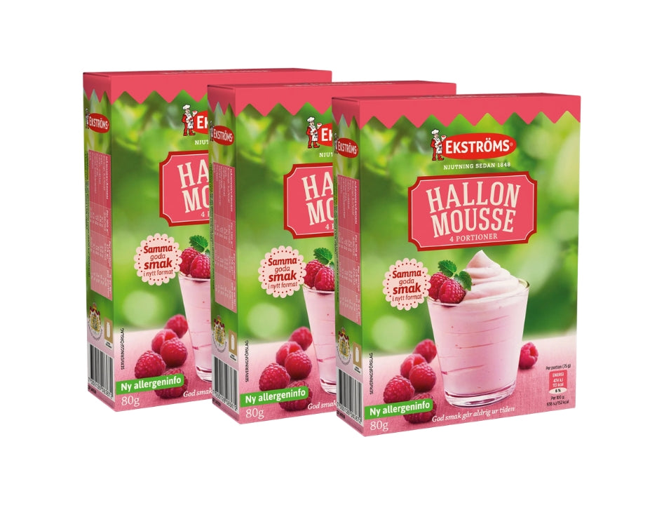 Ekströms Hallonmousse 4 Portioner 3 × 80g (3 × 2.82 oz) – Authentic Swedish Raspberry Mousse Mix